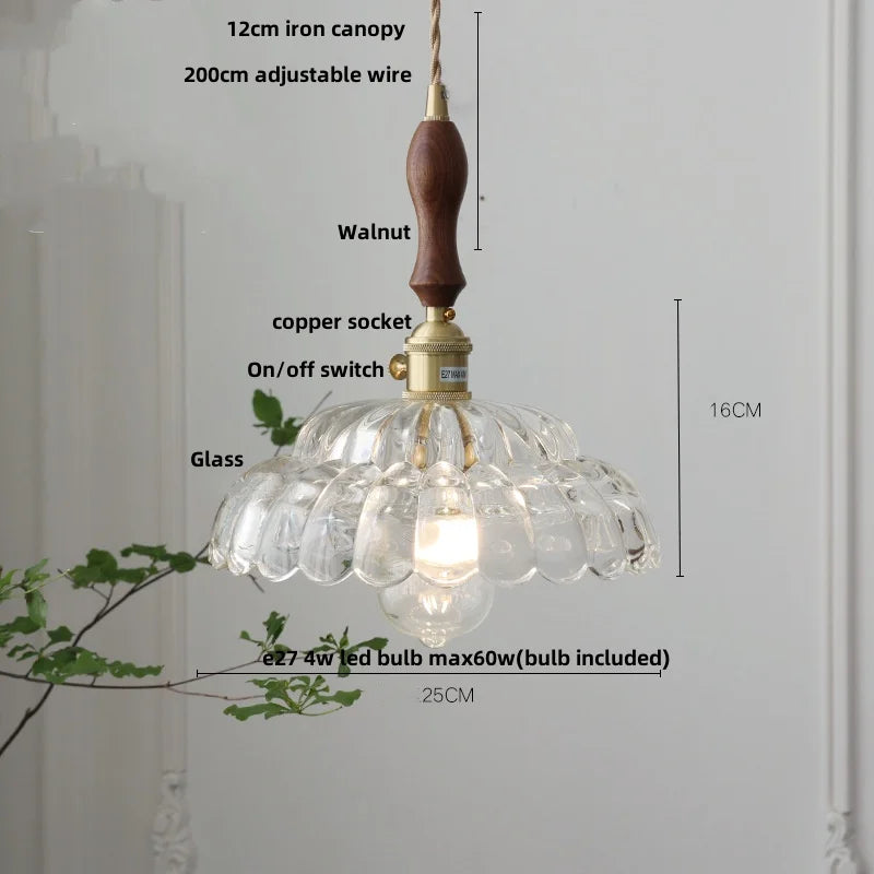 Amber Glass Walnut Wood LED Pendant Lamp with Copper Knob Switch