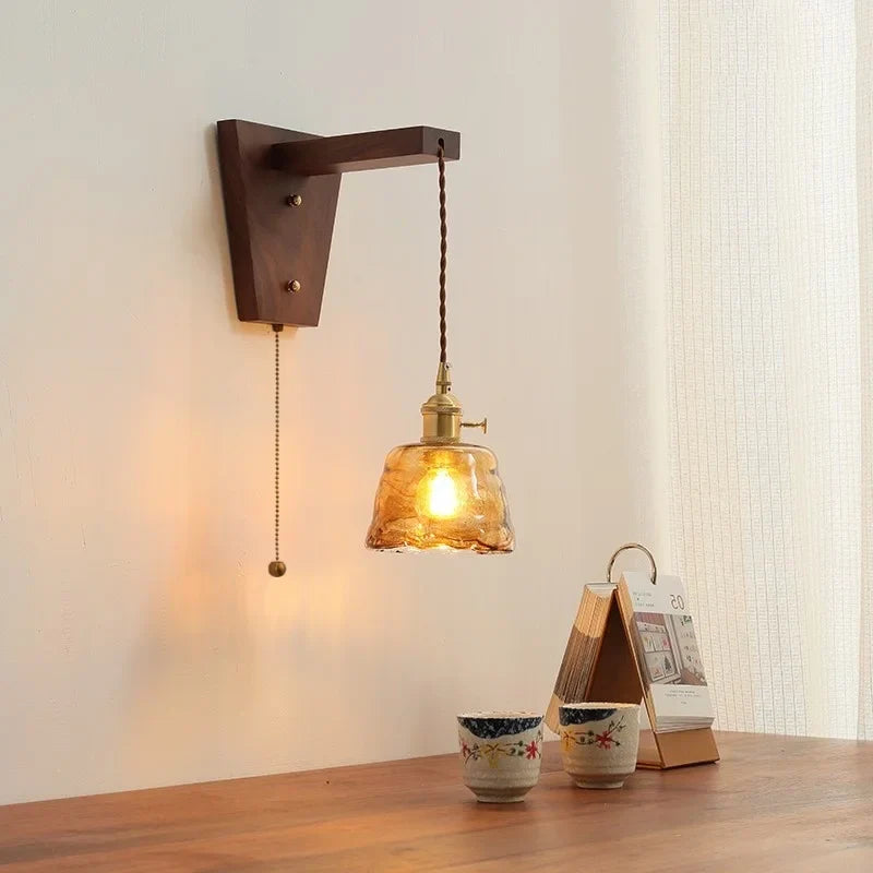 Walnut Copper LED Wall Lamp Sconce with Pull Chain Switch, Nordic Stair Light Fixtures