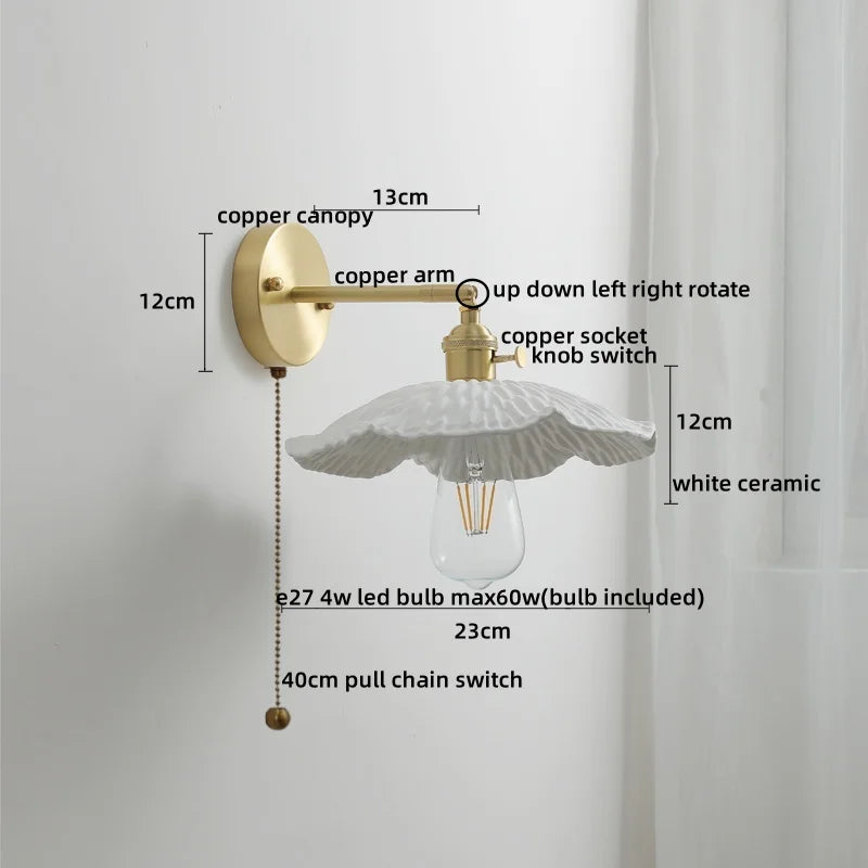 Ceramic Copper LED Wall Light with Pull Chain Switch for Modern Nordic Home Decor