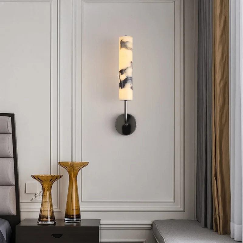 Carbon Steel LED Wall Lamp with Pull Chain Switch & Marble Stone Fixtures