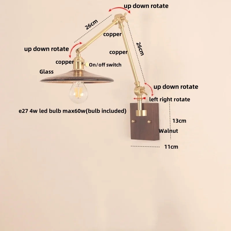 Cube Glass LED Wall Sconce Walnut Wood 2 Arms Rotatable Mirror Light