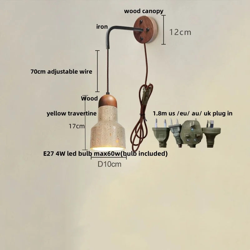 Afralia™ Yellow Travertine LED Wall Sconce Pull Chain Switch, Nordic Modern Wood Mirror Light