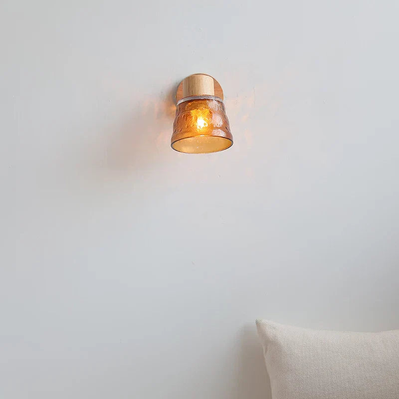 Amber Glass LED Wall Sconce Nordic Modern Wood Pull Chain Switch Stair Light