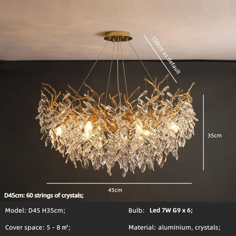 Crystal LED Pendant Lights Gold Dining Room Branch Chandelier