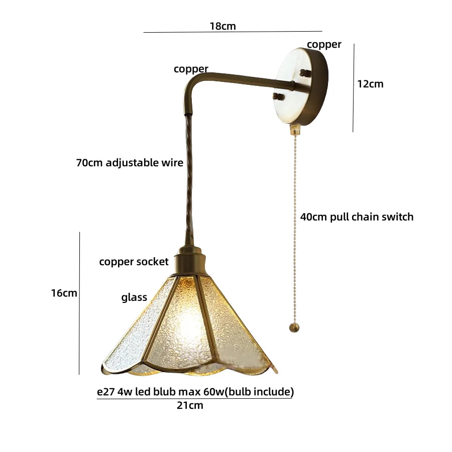 Blue Glass LED Wall Sconce Pull Chain Switch Staircase Tiffany Style Mirror Light