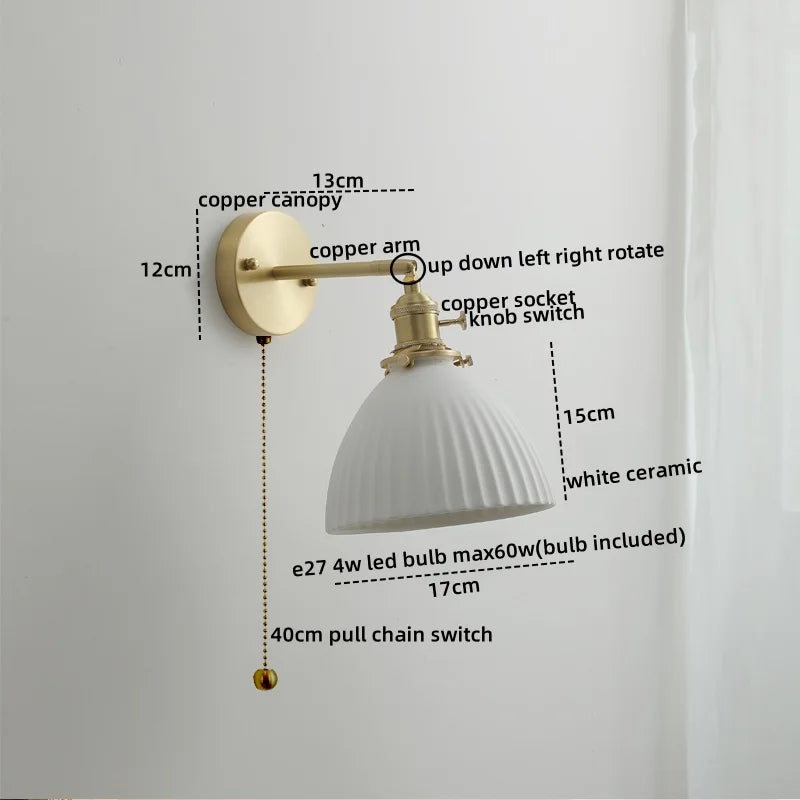 Ceramic LED Wall Light with Pull Chain Switch for Bedroom Bathroom Living Room