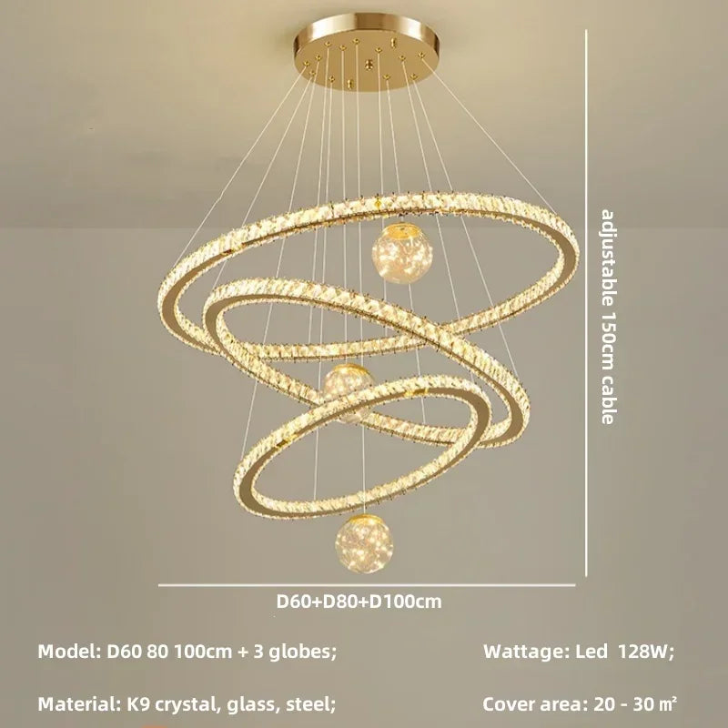 Crystal LED Chandelier: Modern Living Room Pendant Lights, Glass Globe Hanging Lamp
