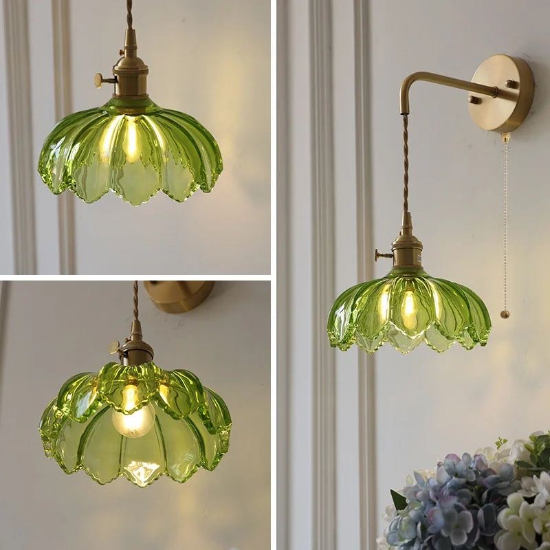 Green Glass LED Wall Lights Fixture with Pull Chain Switch