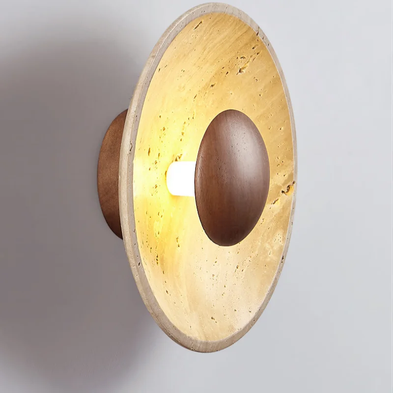 Retro Wood LED Wall Sconce, Yellow Travertine Stone Room Decor Stair Light