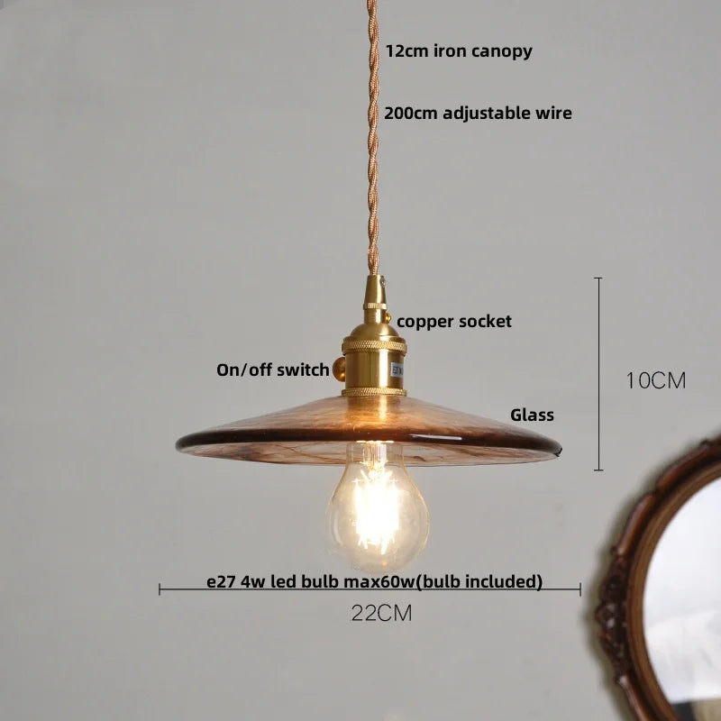Brass Knob Switch LED Pendant Light, Nordic Amber Glass Hanging Lamp