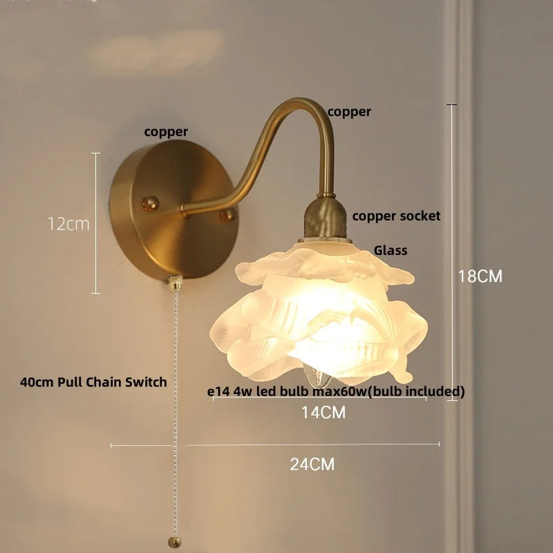 Brass LED Wall Sconce Clear Glass Pull Chain Switch Modern Vanity Light