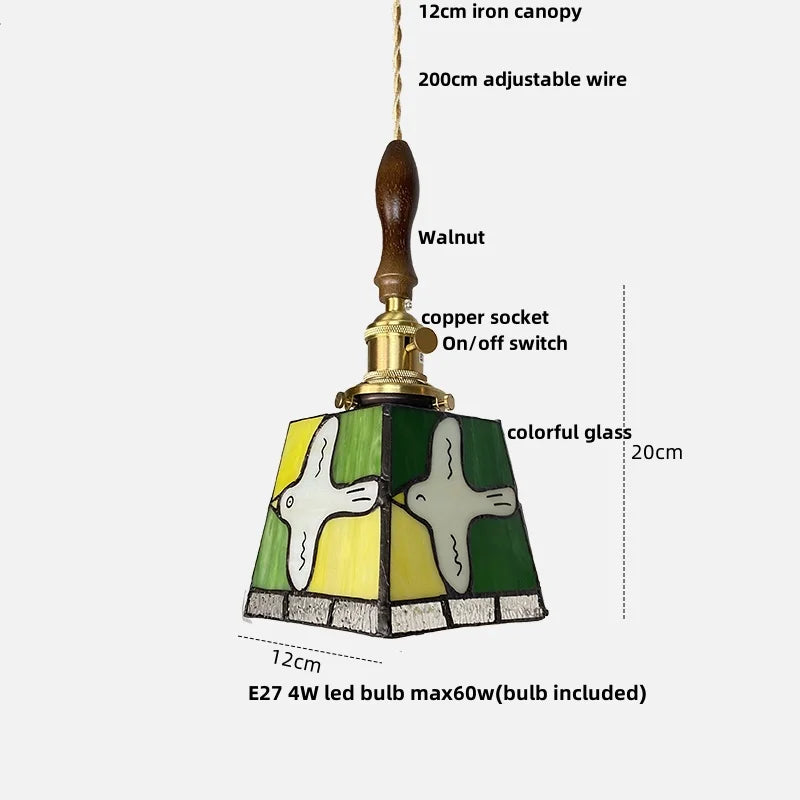 Peace Dove Tiffany Style LED Pendant Lamp - Colorful Glass, Copper Knob Switch