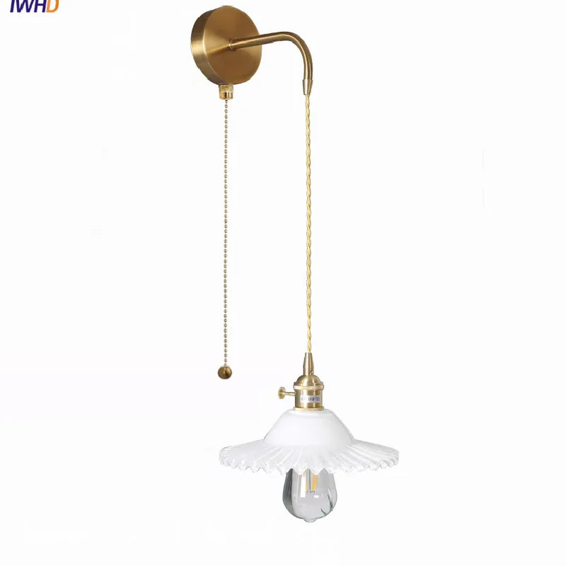 White Glass LED Wall Lamp with Pull Chain Switch, Modern Nordic Design