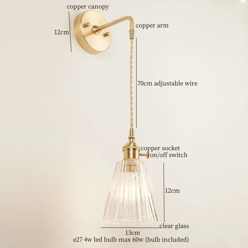 Afralia™ Striped Glass LED Wall Sconce Copper Arm Vintage Lampara Pared