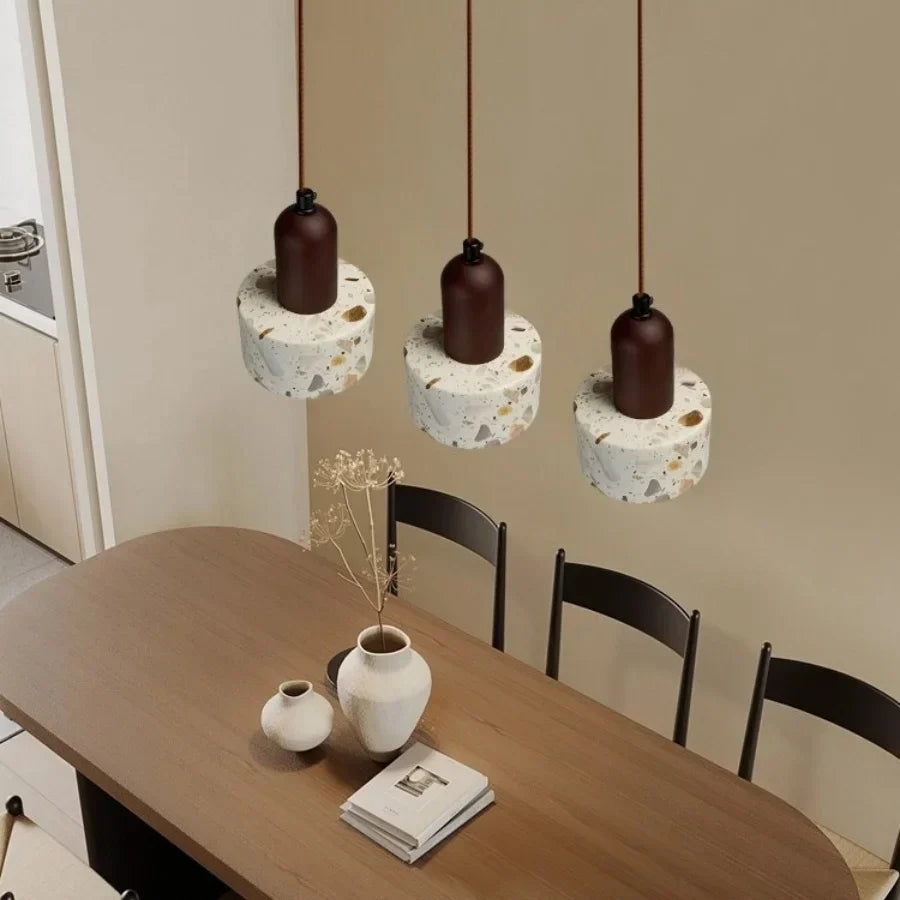 Afralia™ Minimalism LED Pendant Light Fixture Terrazzo Marble Stone Wood Hanging Lamp