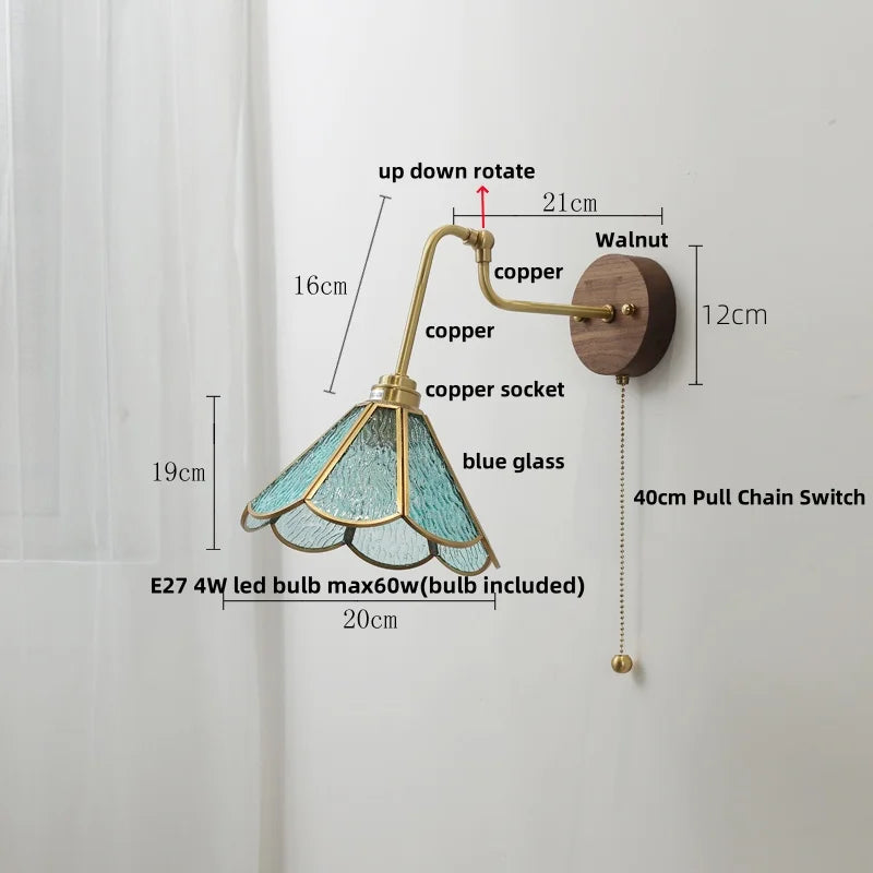 Rotating Copper LED Wall Light with Pull Chain Switch and Walnut Base