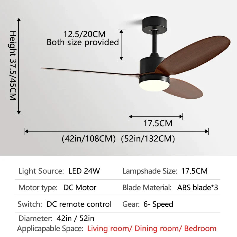 52" Modern DC Ceiling Fan with Remote Control for Home and Restaurant