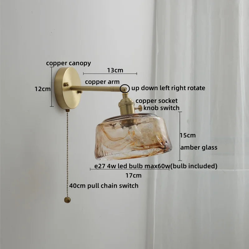 Glass Copper LED Wall Lamp with Knob Switch for Modern Home Decor