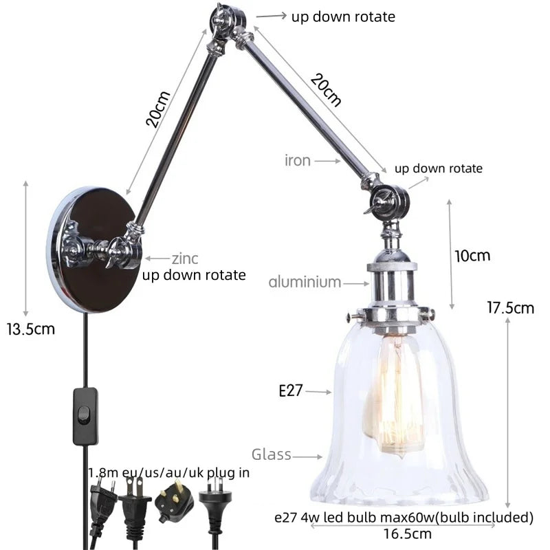 Chrome Industrial LED Wall Sconce Swing Arm Clear Glass Lamp