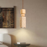 Cuboid Stone LED Pendant Lights Wood Yellow Travertine Interior Lighting Hanging Lamp