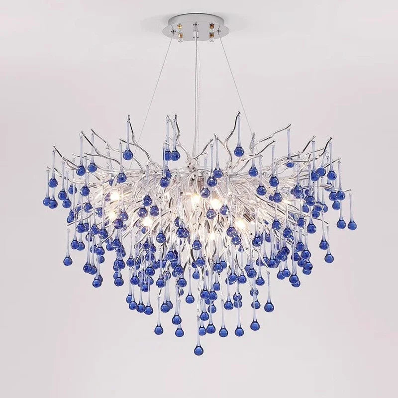 Blue Crystal LED Chandelier: Luxury Classic Pendant Light for Living Room.