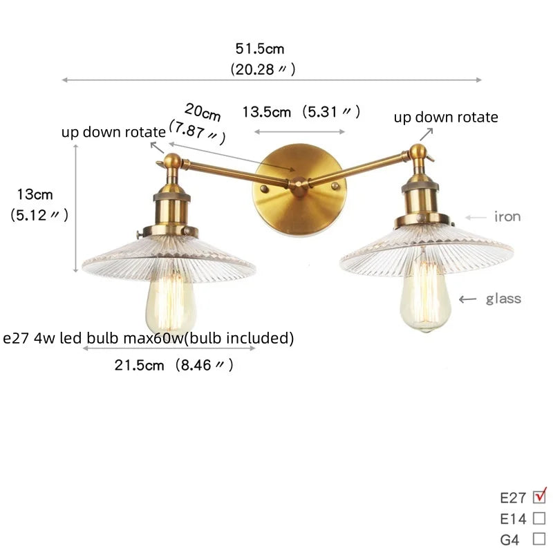Glass 2-Light Wall Sconce with Pull Chain Switch for Bedroom and Bathroom