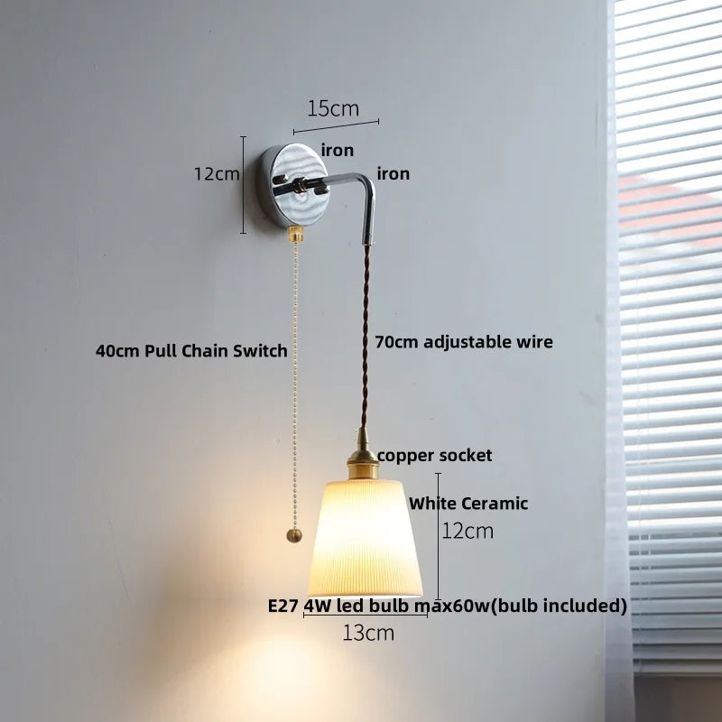 Ceramic LED Wall Light with Pull Chain Switch - Nordic Design