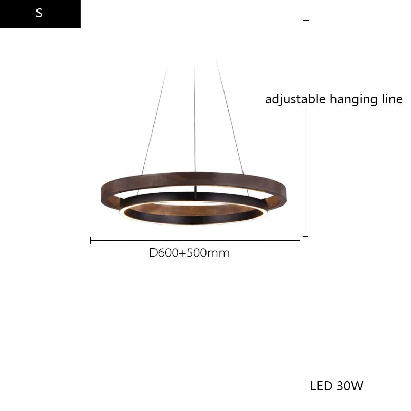 Wood Grain Chandelier: Minimalist Round LED Hanging Light Fixture for Home Decor