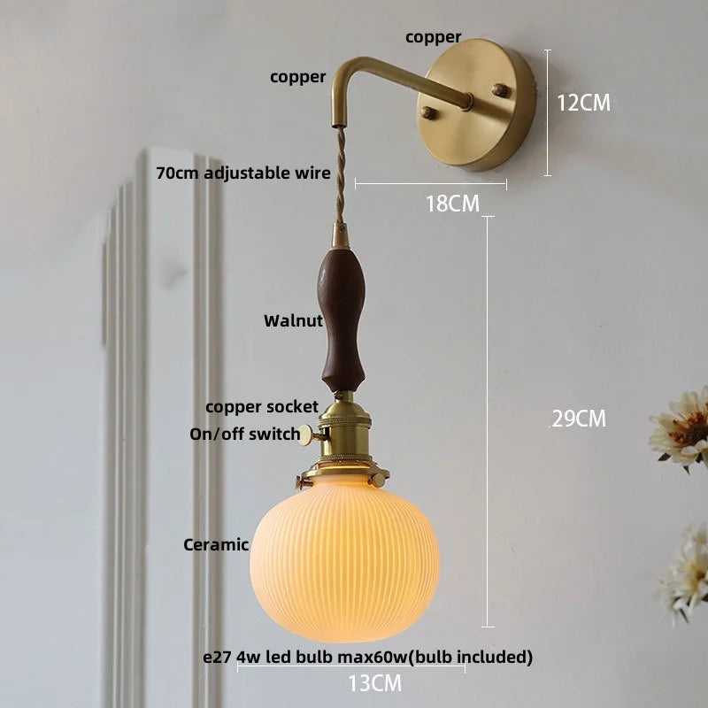 Ceramic Copper Wall Light Fixture with Pull Chain Switch, E27 LED, Modern Nordic Design