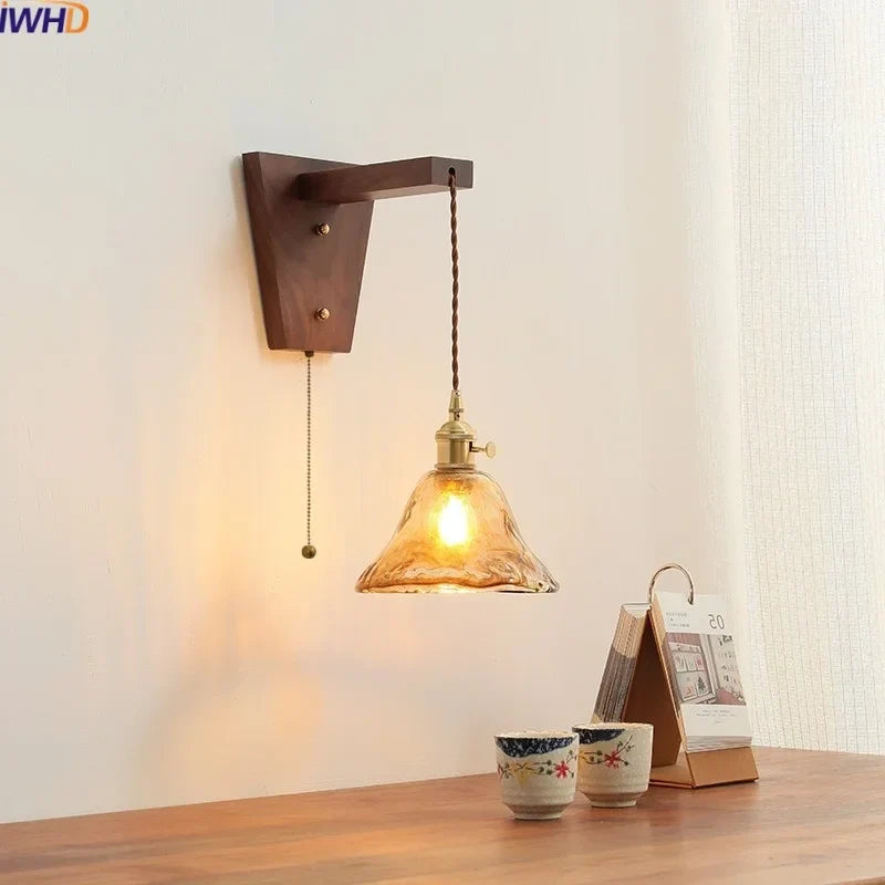 Walnut Copper LED Wall Lamp Sconce with Pull Chain Switch, Nordic Stair Light Fixtures