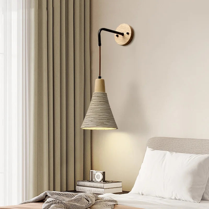 LED Cement Wall Light with Pull Chain & Wood Socket - Nordic Modern Sconce
