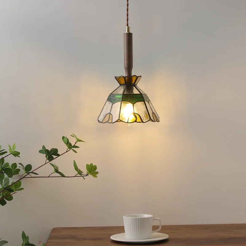 Tiffany Style Glass LED Pendant Lights with Walnut Wood and Adjustable Wire