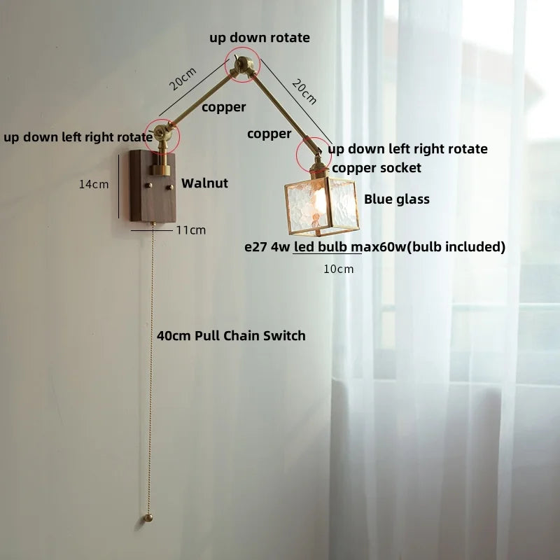 Ash Wood LED Swing Arm Wall Light with Pull Chain Switch & Blue Glass