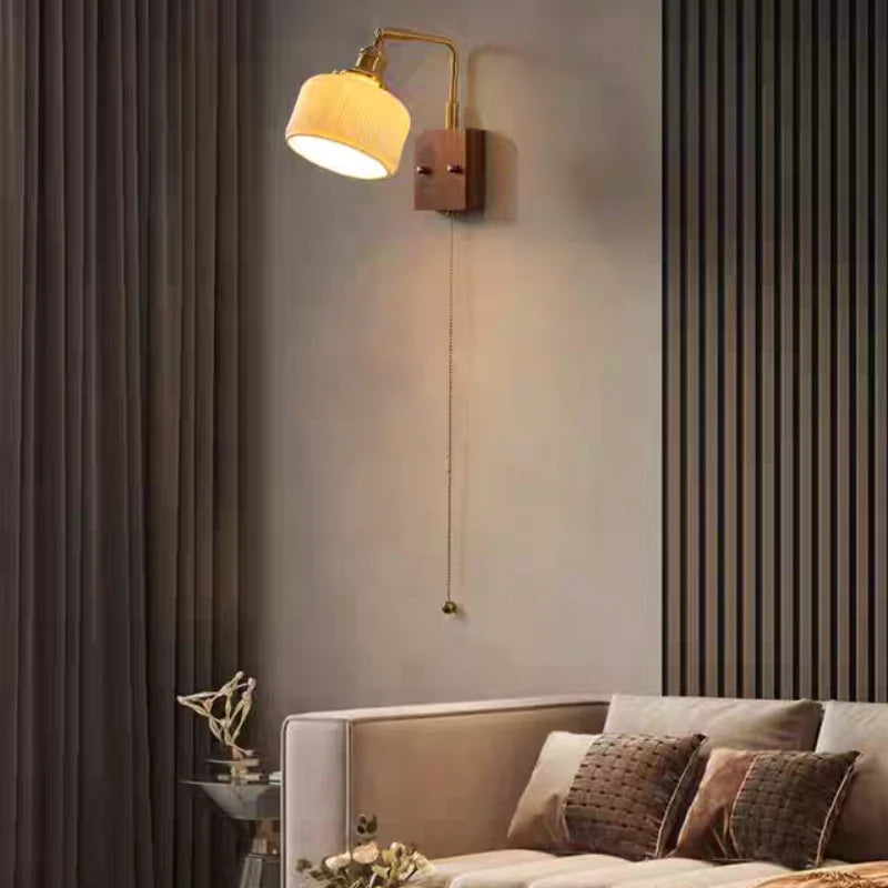 Ceramic LED Wall Sconce with Walnut Wood Pull Chain Switch - Nordic Style