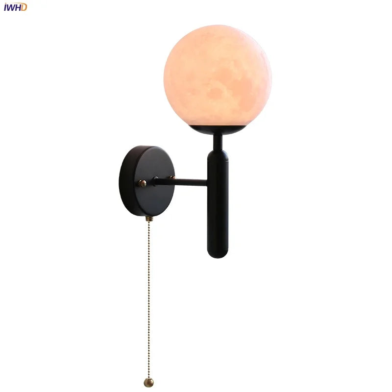 Modern Black Iron LED Wall Light with Pull Chain Switch & White Glass