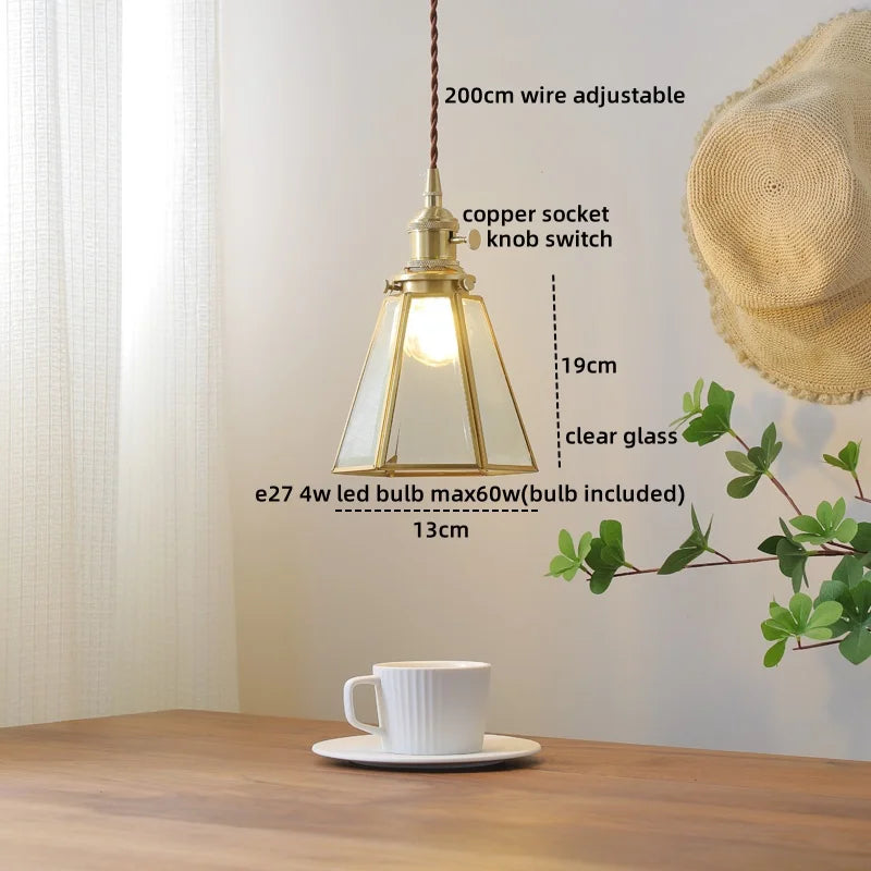 Amber Glass LED Pendant Light - Nordic Modern Copper Suspension Luminaire for Home