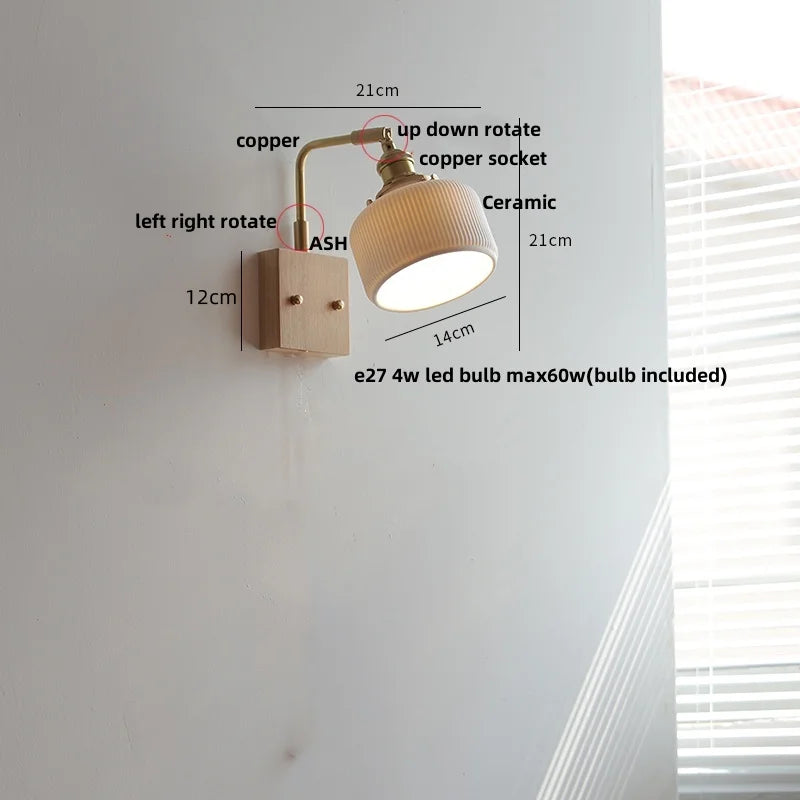 Afralia™ Globe Ceramic Walnut Wood Wall Light with Pull Chain Switch and Rotatable Design