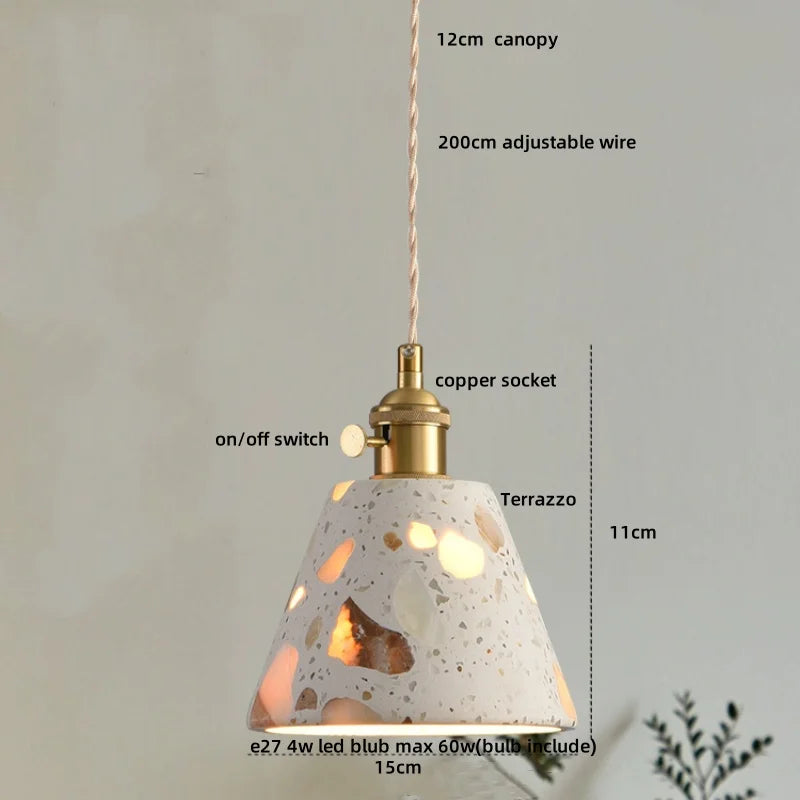 Afralia™ White Terrazzo Stone Copper LED Pendant Light Fixture - Wabi Sabi Design