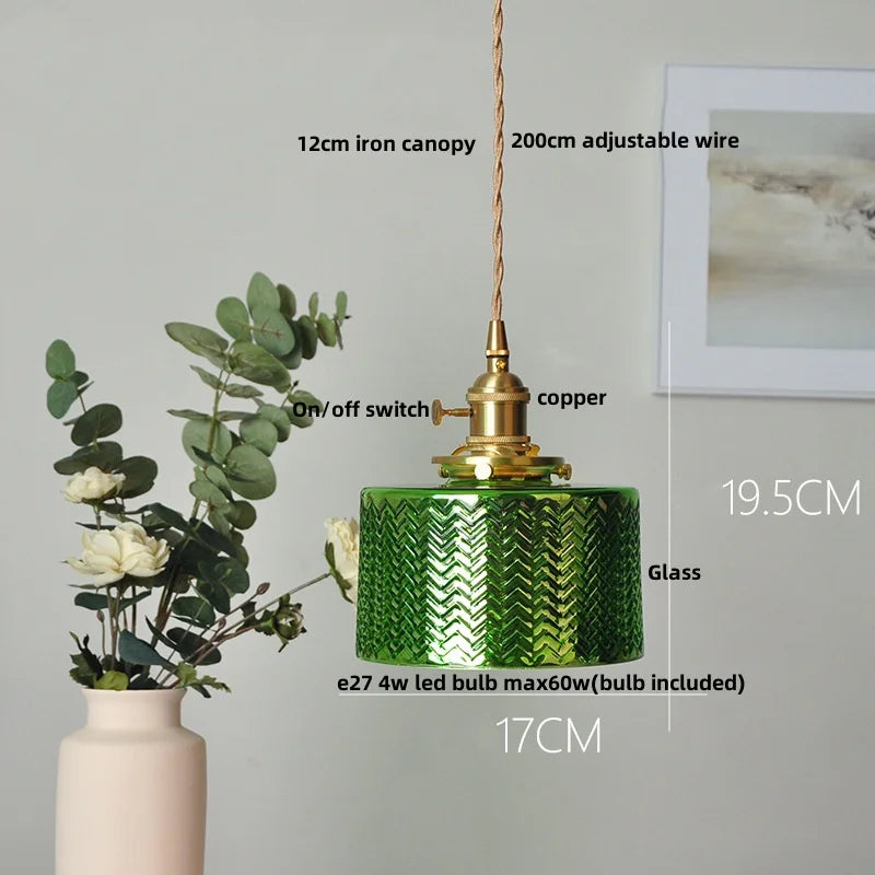 Green Glass LED Pendant Light: Nordic Modern Hanging Lamp for Bedroom Dining Room