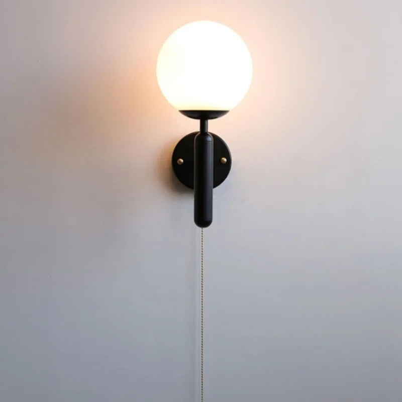 Afralia™ Modern Black Iron LED Wall Light with Glass Shade & Pull Chain Switch