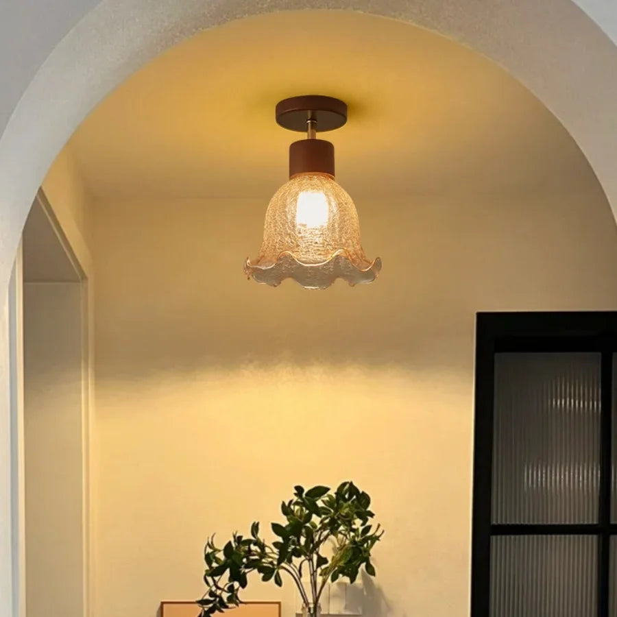 Amber Ice Crack Glass Wood Ceiling Light - Nordic Modern LED Fixture