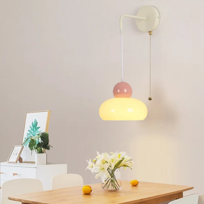 Iron Nordic LED Wall Light with Pull Chain Switch, Adjustable Glass Bedside Lamp