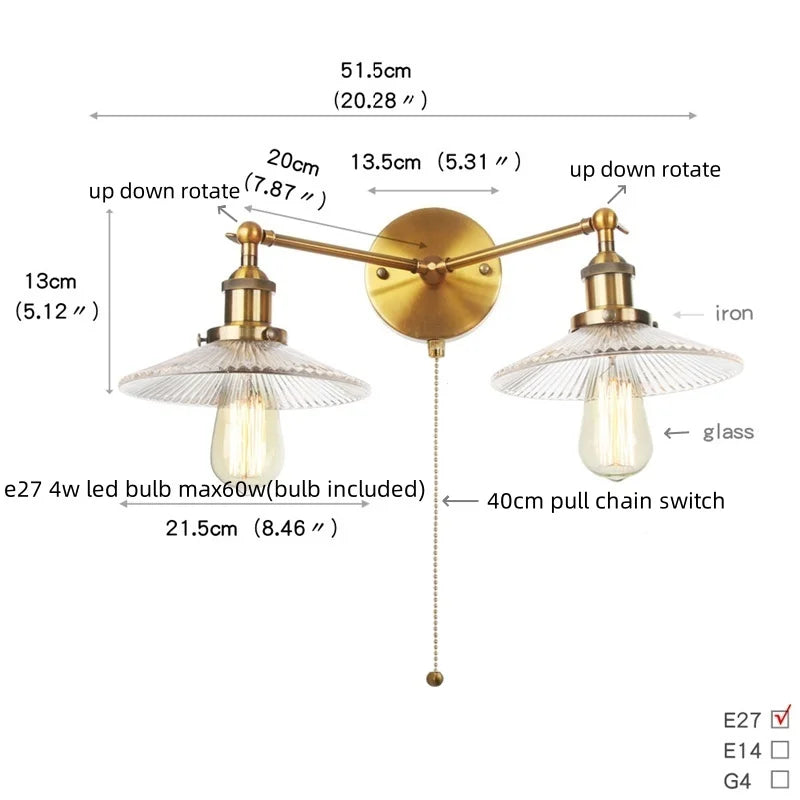 Glass 2-Light Wall Sconce with Pull Chain Switch for Bedroom and Bathroom
