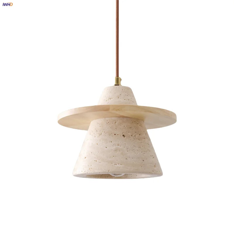 Yellow Travertine Wood LED Pendant Lamp - Nordic Modern Living Dining Room Light