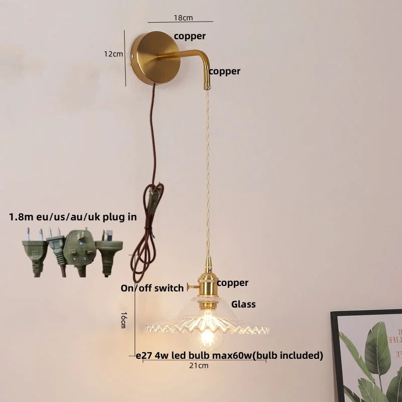 Glass Copper LED Wall Sconce | Pull Chain Switch | Adjustable Bathroom Light