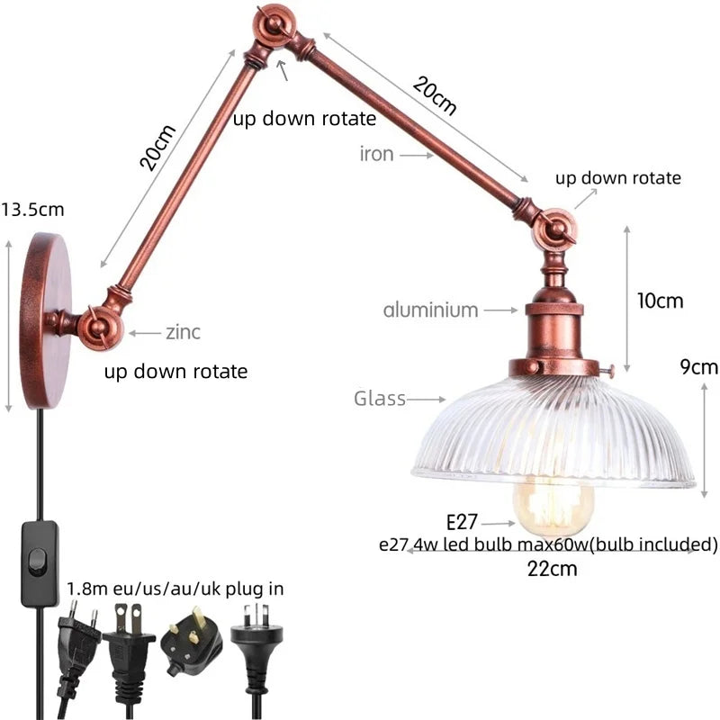 Adjustable Glass Swing Arm LED Wall Sconce with Pull Chain Switch