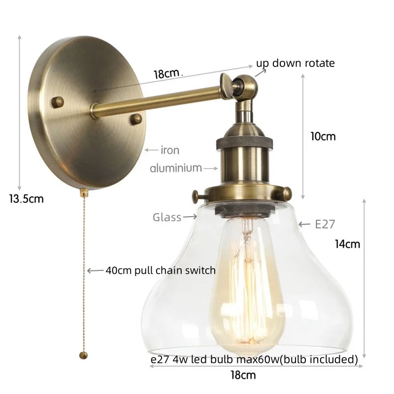 Red Bronze LED Wall Lamp with Pull Chain Switch and Clear Glass