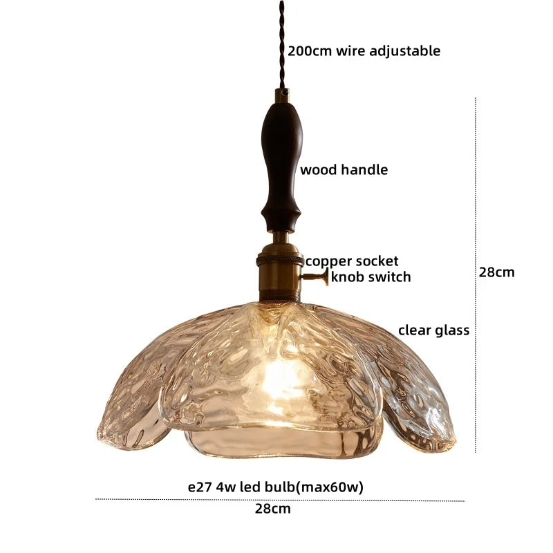 Copper Glass Pendant Light Fixture with Wood Handle & LED Bulb