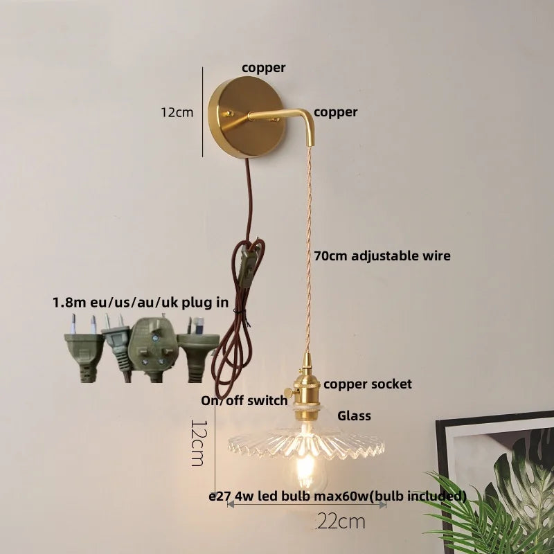 Glass Clear LED Wall Light Fixture, Modern Copper Wall Lamp