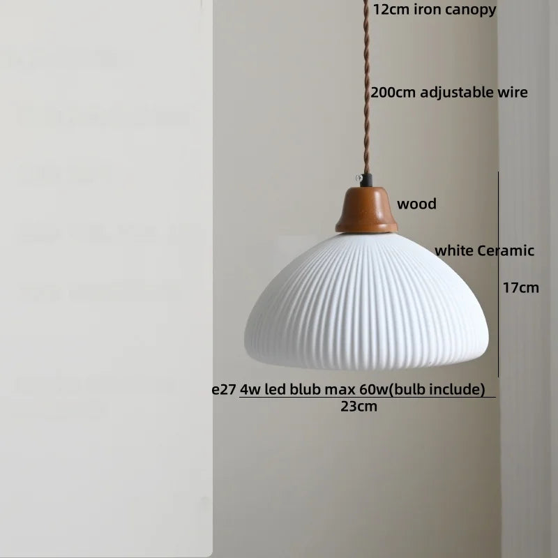 Afralia™ White Ceramic Tassel LED Pendant Lamp - Modern Nordic Wood Hand-drawn Fixture for Bedroom and Cafe